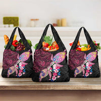 Hawaiian Couple Turtles Honi Grocery Bag Polynesian Art Motifs and Hibiscus Black Red Color LT03 3-pack One Size Black - Polynesian Pride
