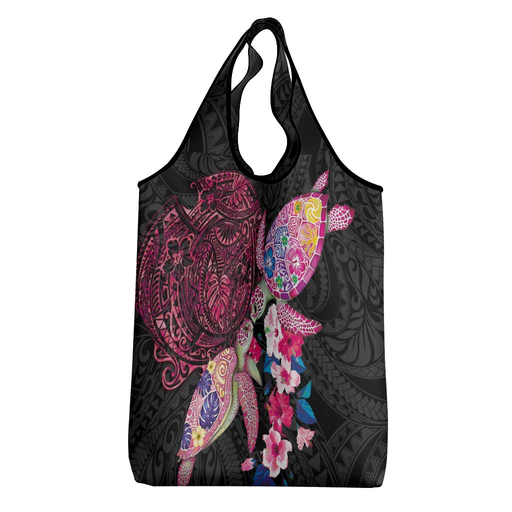Hawaiian Couple Turtles Honi Grocery Bag Polynesian Art Motifs and Hibiscus Black Red Color LT03 - Polynesian Pride