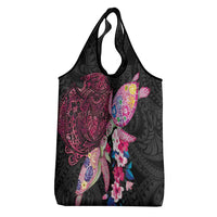Hawaiian Couple Turtles Honi Grocery Bag Polynesian Art Motifs and Hibiscus Black Red Color LT03 - Polynesian Pride