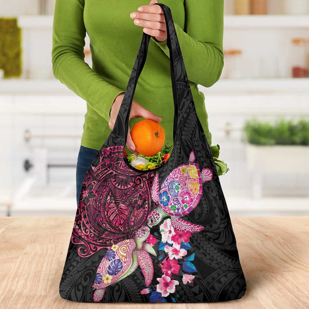 Hawaiian Couple Turtles Honi Grocery Bag Polynesian Art Motifs and Hibiscus Black Red Color LT03 - Polynesian Pride
