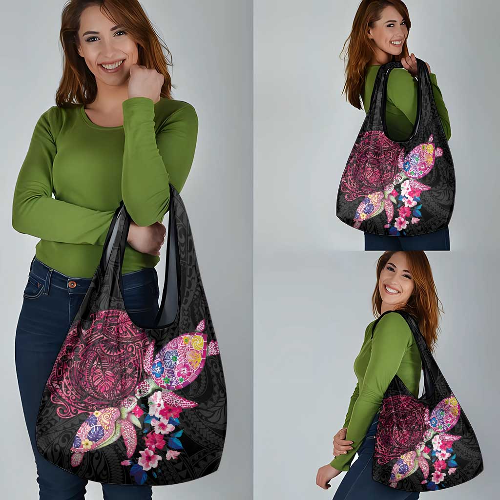 Hawaiian Couple Turtles Honi Grocery Bag Polynesian Art Motifs and Hibiscus Black Red Color LT03 - Polynesian Pride