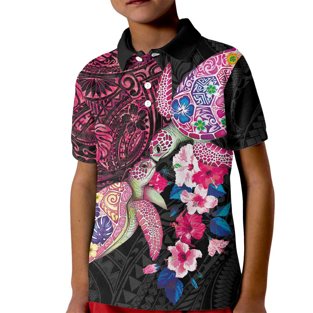 Hawaiian Couple Turtles Honi Kid Polo Shirt Polynesian Art Motifs and Hibiscus Black Red Color LT03 Kid Black - Polynesian Pride