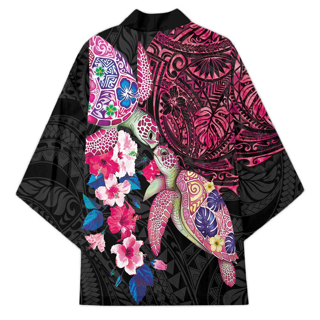 Hawaiian Couple Turtles Honi Kimono Polynesian Art Motifs and Hibiscus Black Red Color LT03 - Polynesian Pride