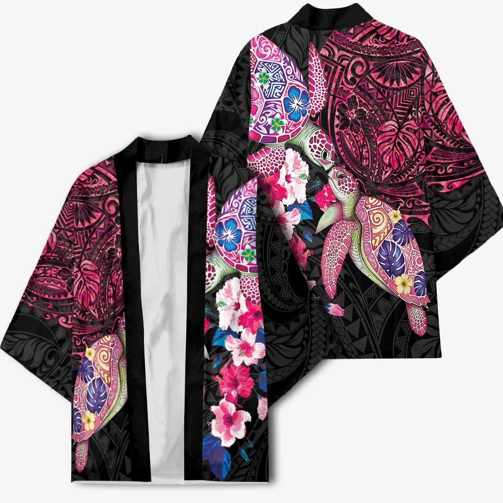 Hawaiian Couple Turtles Honi Kimono Polynesian Art Motifs and Hibiscus Black Red Color LT03 - Polynesian Pride