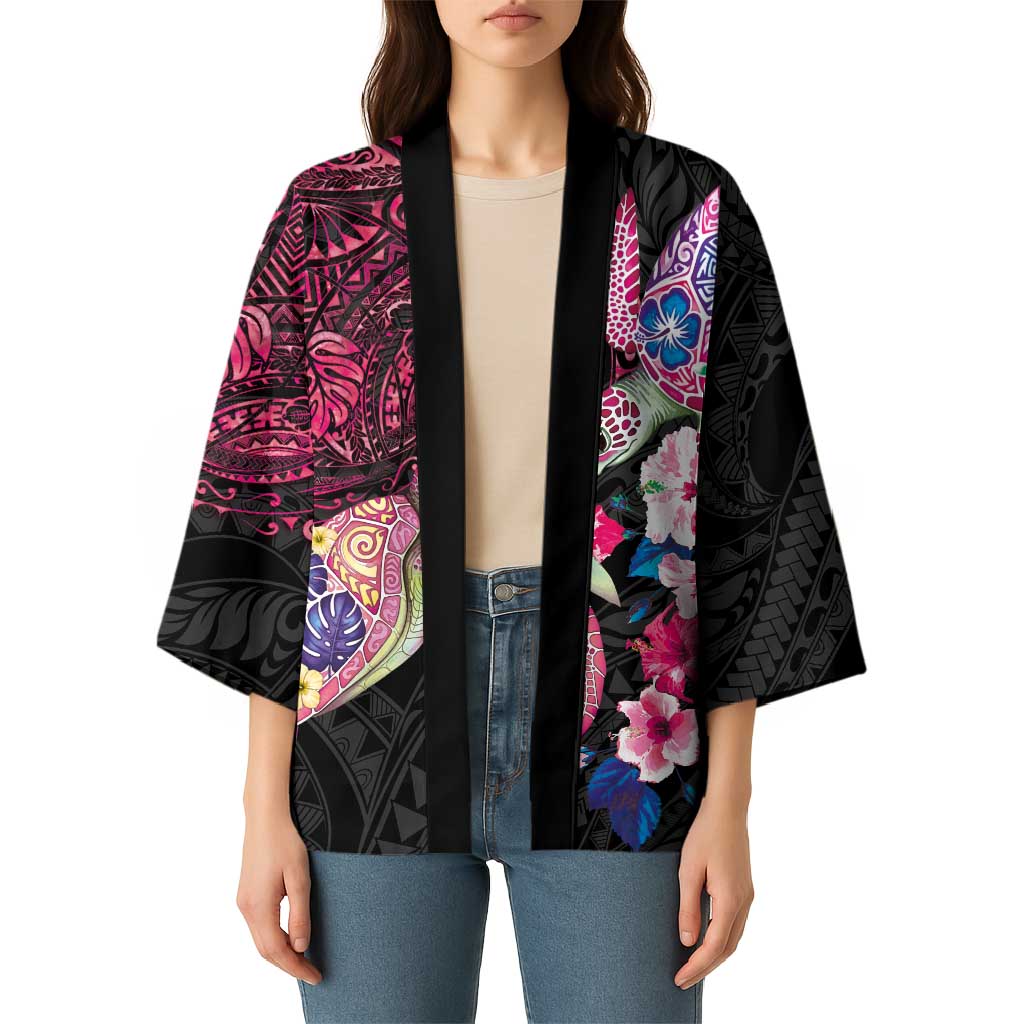 Hawaiian Couple Turtles Honi Kimono Polynesian Art Motifs and Hibiscus Black Red Color LT03 - Polynesian Pride