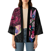 Hawaiian Couple Turtles Honi Kimono Polynesian Art Motifs and Hibiscus Black Red Color LT03 - Polynesian Pride