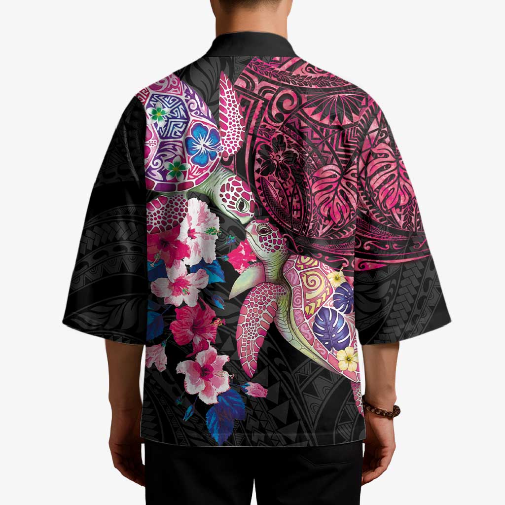 Hawaiian Couple Turtles Honi Kimono Polynesian Art Motifs and Hibiscus Black Red Color LT03 - Polynesian Pride