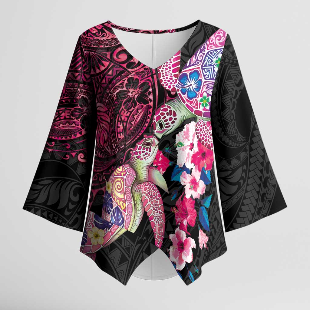 Hawaiian Couple Turtles Honi Kimono Sleeve Blouse Polynesian Art Motifs and Hibiscus Black Red Color LT03 Female Black - Polynesian Pride