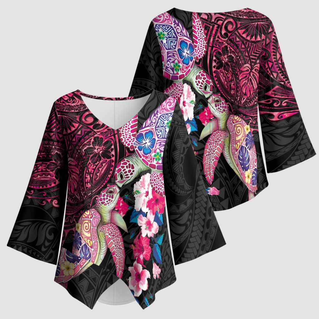 Hawaiian Couple Turtles Honi Kimono Sleeve Blouse Polynesian Art Motifs and Hibiscus Black Red Color LT03 - Polynesian Pride