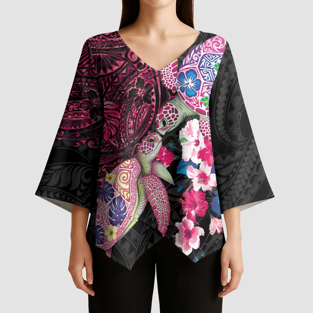 Hawaiian Couple Turtles Honi Kimono Sleeve Blouse Polynesian Art Motifs and Hibiscus Black Red Color LT03 - Polynesian Pride