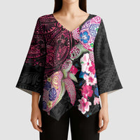Hawaiian Couple Turtles Honi Kimono Sleeve Blouse Polynesian Art Motifs and Hibiscus Black Red Color LT03 - Polynesian Pride