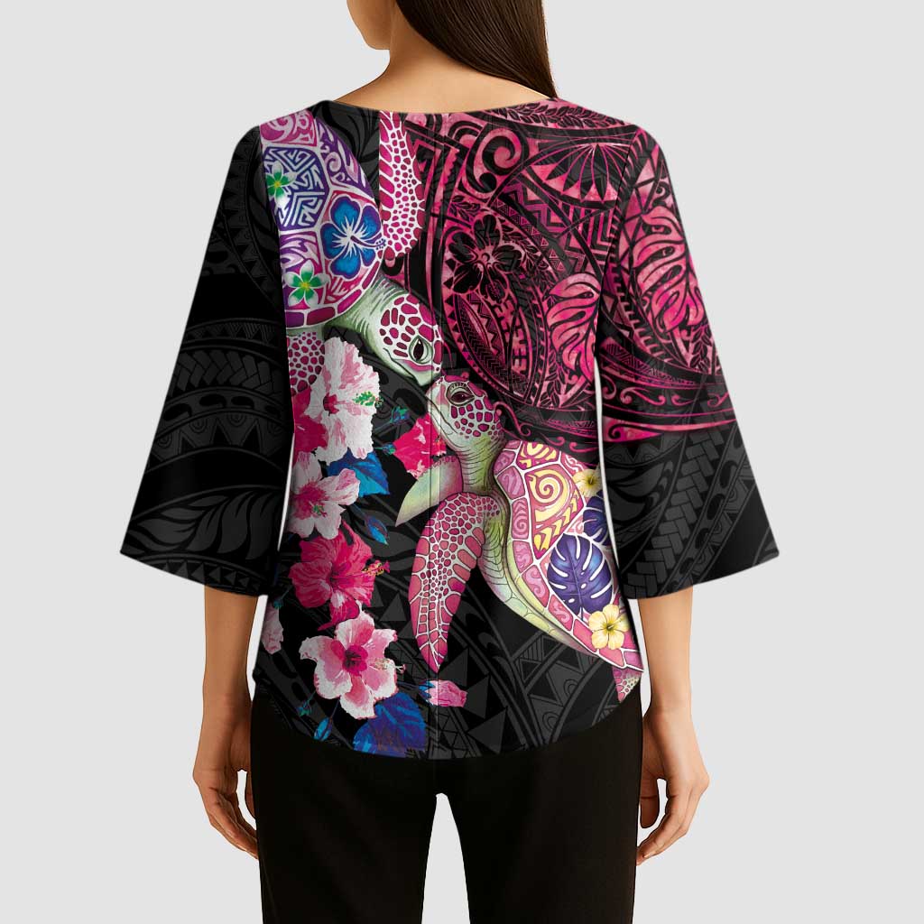 Hawaiian Couple Turtles Honi Kimono Sleeve Blouse Polynesian Art Motifs and Hibiscus Black Red Color LT03 - Polynesian Pride