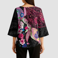 Hawaiian Couple Turtles Honi Kimono Sleeve Blouse Polynesian Art Motifs and Hibiscus Black Red Color LT03 - Polynesian Pride