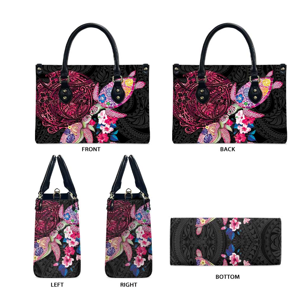Hawaiian Couple Turtles Honi Leather Bag Polynesian Art Motifs and Hibiscus Black Red Color LT03 - Polynesian Pride