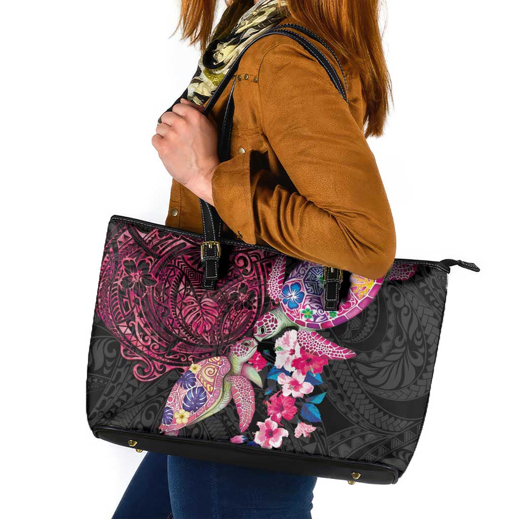 Hawaiian Couple Turtles Honi Leather Tote Bag Polynesian Art Motifs and Hibiscus Black Red Color LT03 Black - Polynesian Pride