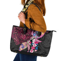 Hawaiian Couple Turtles Honi Leather Tote Bag Polynesian Art Motifs and Hibiscus Black Red Color LT03 Black - Polynesian Pride