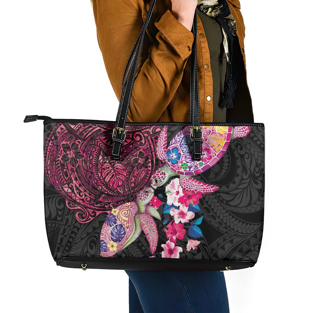 Hawaiian Couple Turtles Honi Leather Tote Bag Polynesian Art Motifs and Hibiscus Black Red Color LT03 - Polynesian Pride
