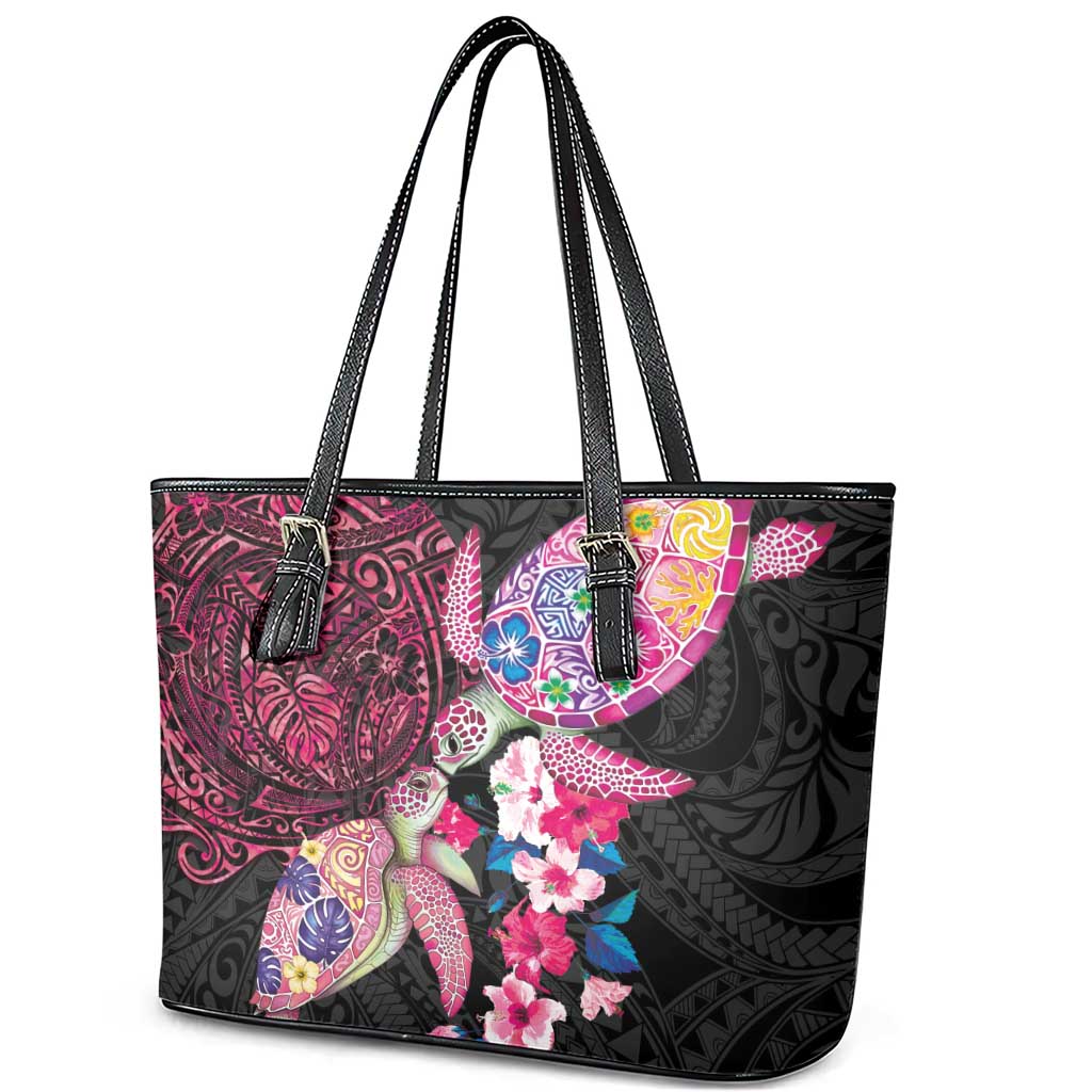 Hawaiian Couple Turtles Honi Leather Tote Bag Polynesian Art Motifs and Hibiscus Black Red Color LT03 - Polynesian Pride