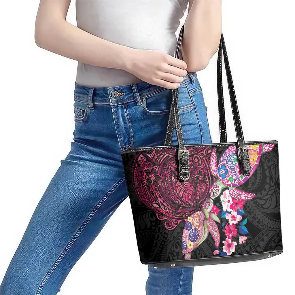 Hawaiian Couple Turtles Honi Leather Tote Bag Polynesian Art Motifs and Hibiscus Black Red Color LT03 - Polynesian Pride
