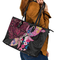 Hawaiian Couple Turtles Honi Leather Tote Bag Polynesian Art Motifs and Hibiscus Black Red Color LT03 - Polynesian Pride