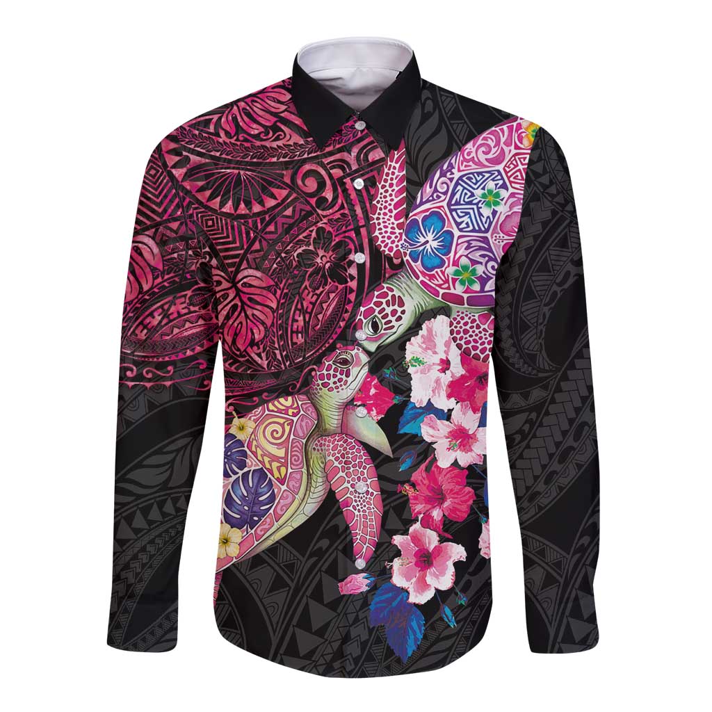 Hawaiian Couple Turtles Honi Long Sleeve Button Shirt Polynesian Art Motifs and Hibiscus Black Red Color LT03 Unisex Black - Polynesian Pride