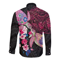 Hawaiian Couple Turtles Honi Long Sleeve Button Shirt Polynesian Art Motifs and Hibiscus Black Red Color LT03 - Polynesian Pride