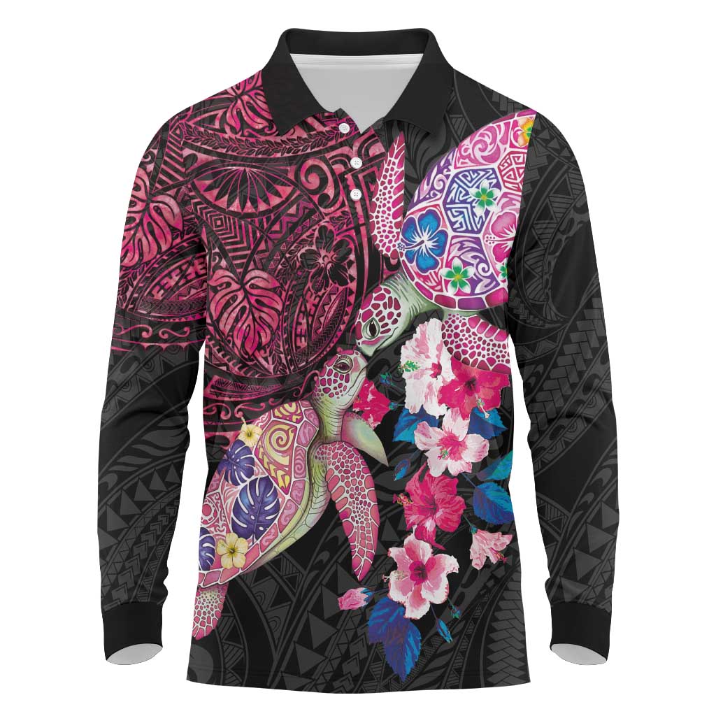 Hawaiian Couple Turtles Honi Long Sleeve Polo Shirt Polynesian Art Motifs and Hibiscus Black Red Color LT03 Black - Polynesian Pride