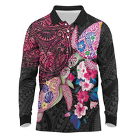 Hawaiian Couple Turtles Honi Long Sleeve Polo Shirt Polynesian Art Motifs and Hibiscus Black Red Color LT03 Black - Polynesian Pride