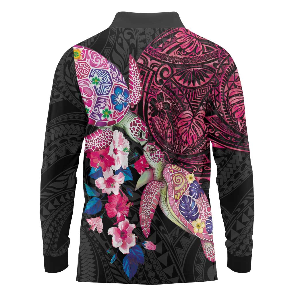Hawaiian Couple Turtles Honi Long Sleeve Polo Shirt Polynesian Art Motifs and Hibiscus Black Red Color LT03 - Polynesian Pride