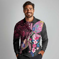 Hawaiian Couple Turtles Honi Long Sleeve Polo Shirt Polynesian Art Motifs and Hibiscus Black Red Color LT03 - Polynesian Pride