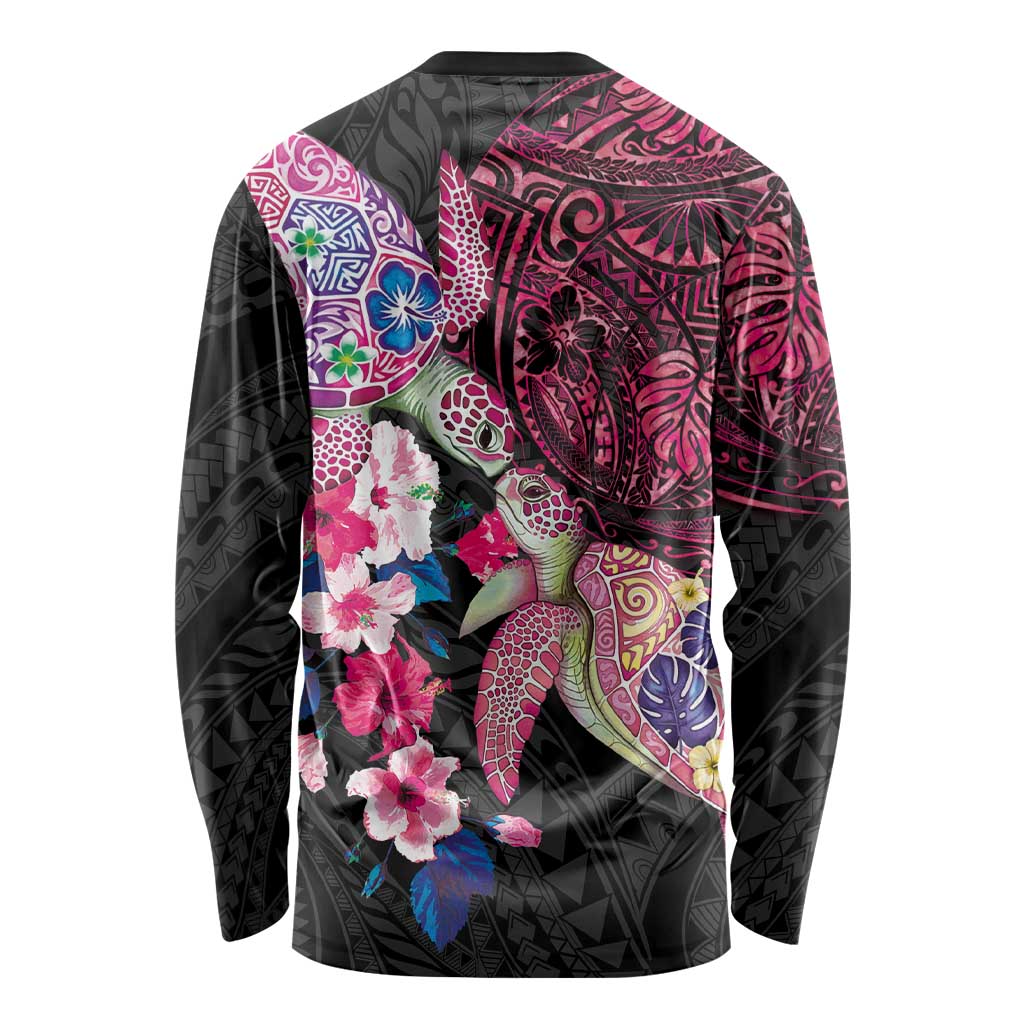 Hawaiian Couple Turtles Honi Long Sleeve Shirt Polynesian Art Motifs and Hibiscus Black Red Color LT03 - Polynesian Pride