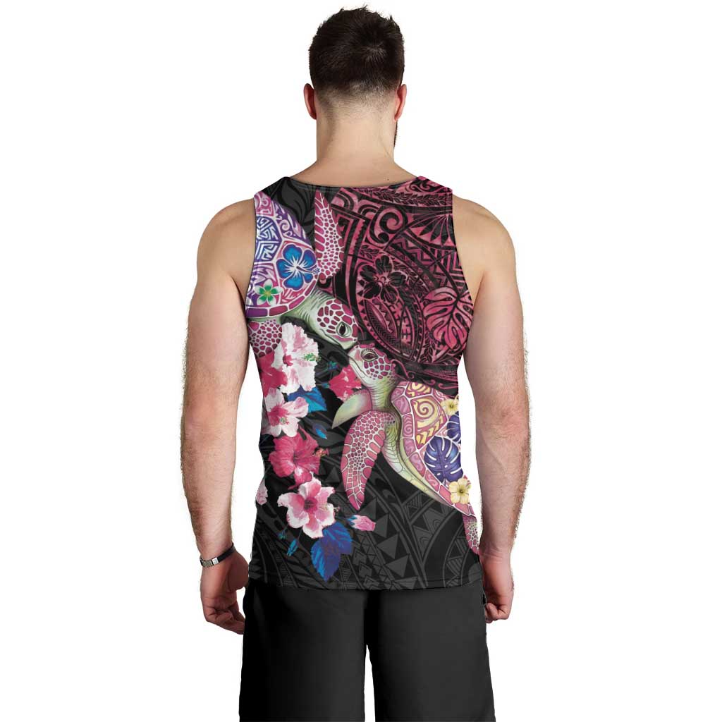 Hawaiian Couple Turtles Honi Men Tank Top Polynesian Art Motifs and Hibiscus Black Red Color LT03 - Polynesian Pride