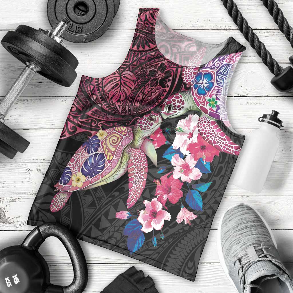 Hawaiian Couple Turtles Honi Men Tank Top Polynesian Art Motifs and Hibiscus Black Red Color LT03 - Polynesian Pride