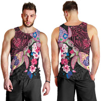 Hawaiian Couple Turtles Honi Men Tank Top Polynesian Art Motifs and Hibiscus Black Red Color LT03 - Polynesian Pride