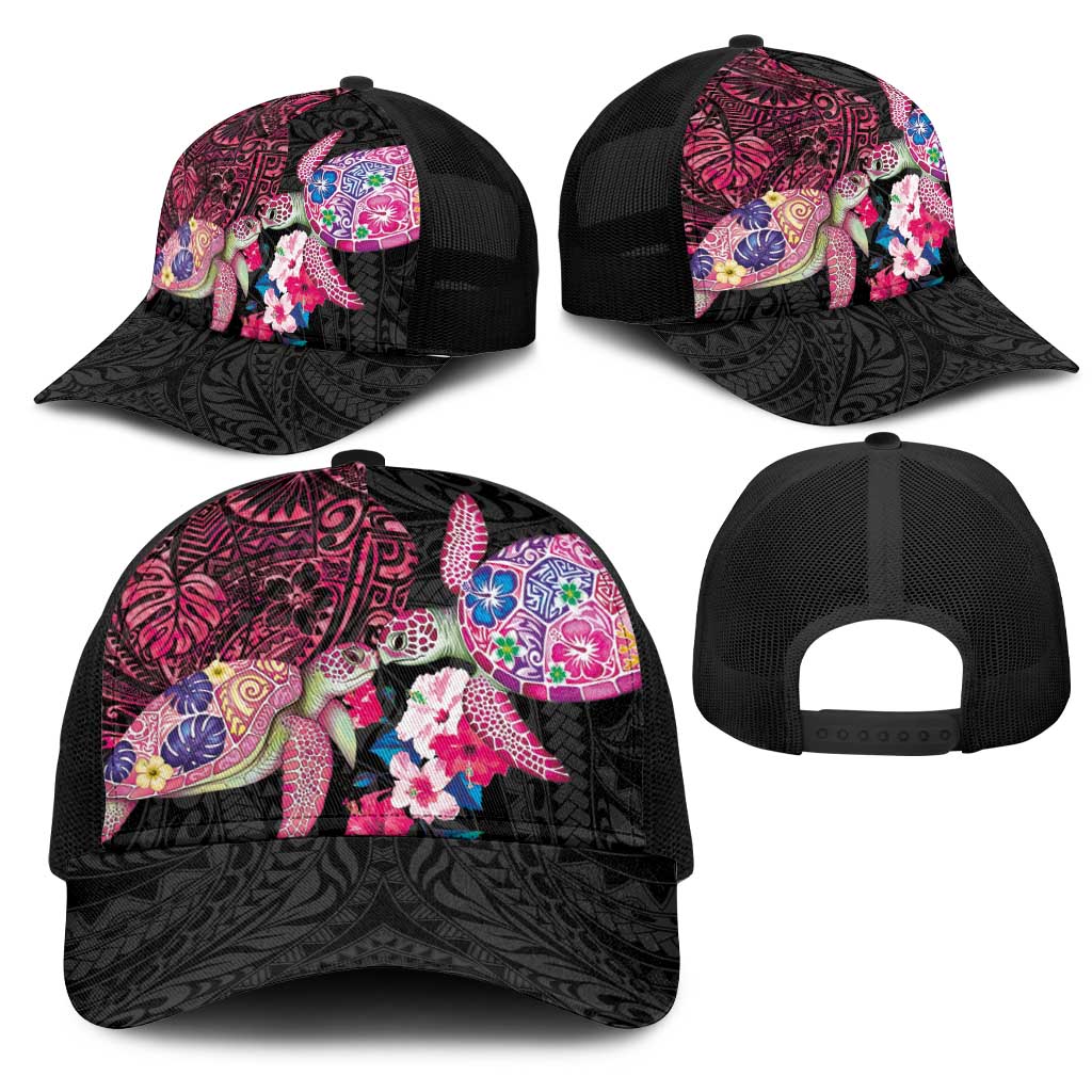 Hawaiian Couple Turtles Honi Mesh Trucker Cap Polynesian Art Motifs and Hibiscus Black Red Color LT03 - Polynesian Pride