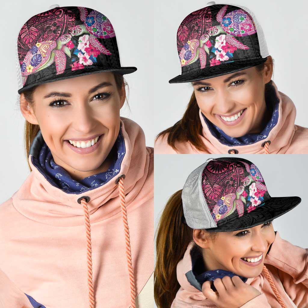 Hawaiian Couple Turtles Honi Mesh Trucker Cap Polynesian Art Motifs and Hibiscus Black Red Color LT03 - Polynesian Pride