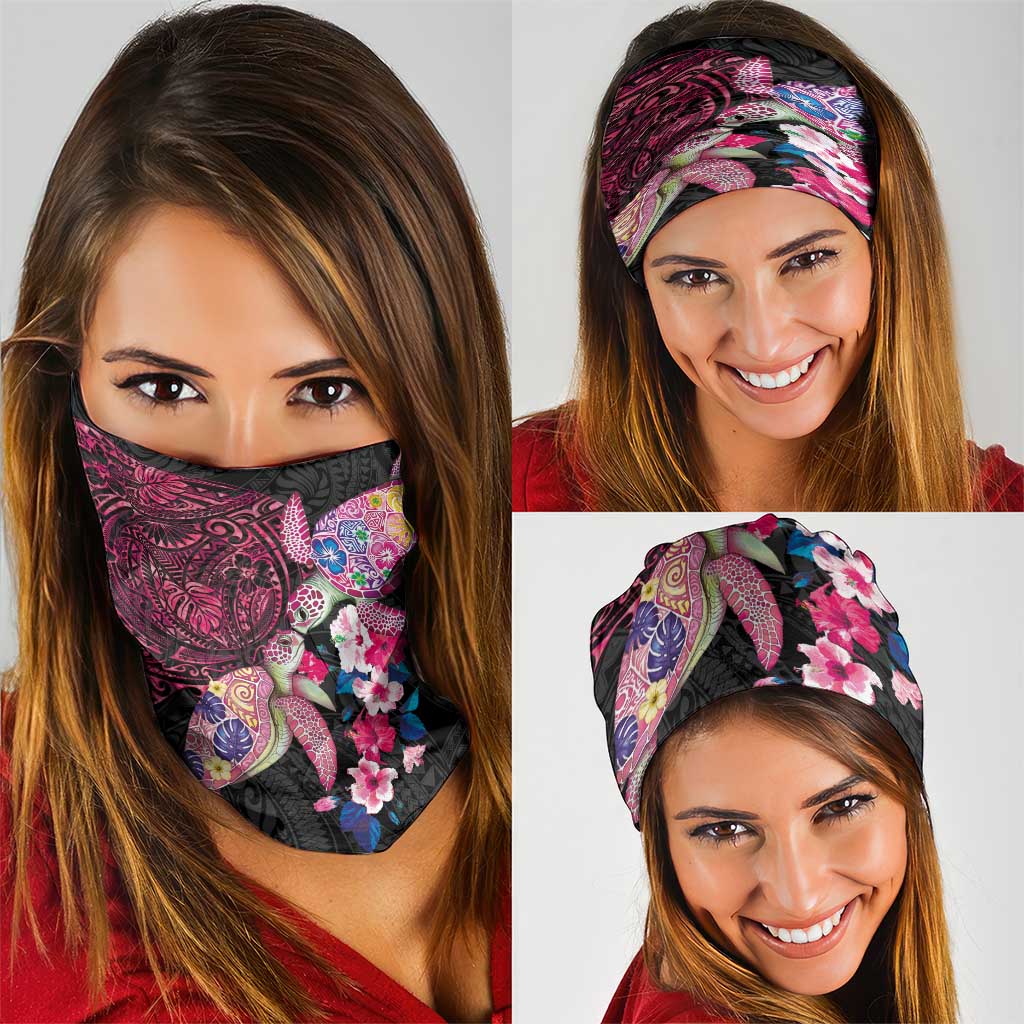 Hawaiian Couple Turtles Honi Neck Gaiter Polynesian Art Motifs and Hibiscus Black Red Color LT03 - Polynesian Pride