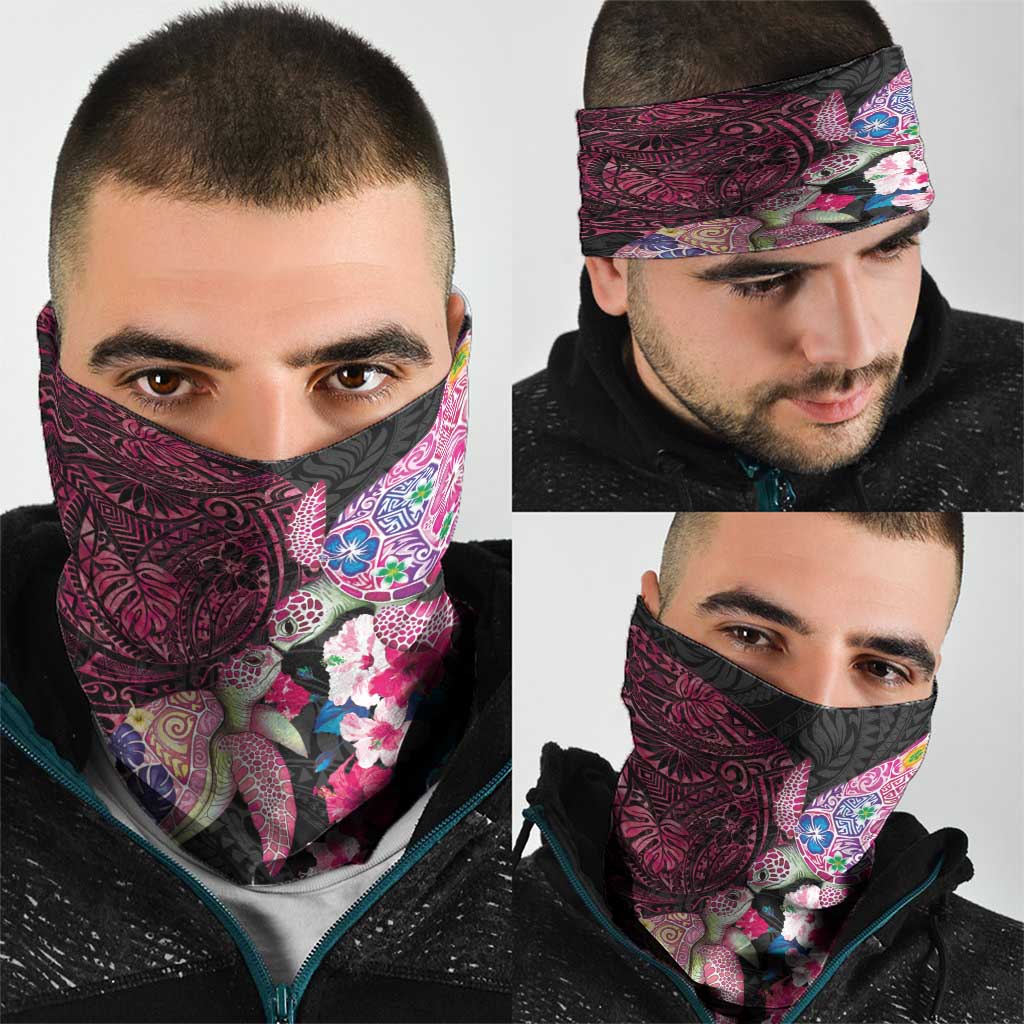 Hawaiian Couple Turtles Honi Neck Gaiter Polynesian Art Motifs and Hibiscus Black Red Color LT03 - Polynesian Pride