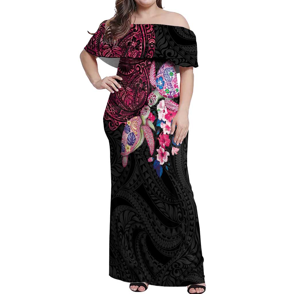 Hawaiian Couple Turtles Honi Off Shoulder Maxi Dress Polynesian Art Motifs and Hibiscus Black Red Color LT03 Women Black - Polynesian Pride