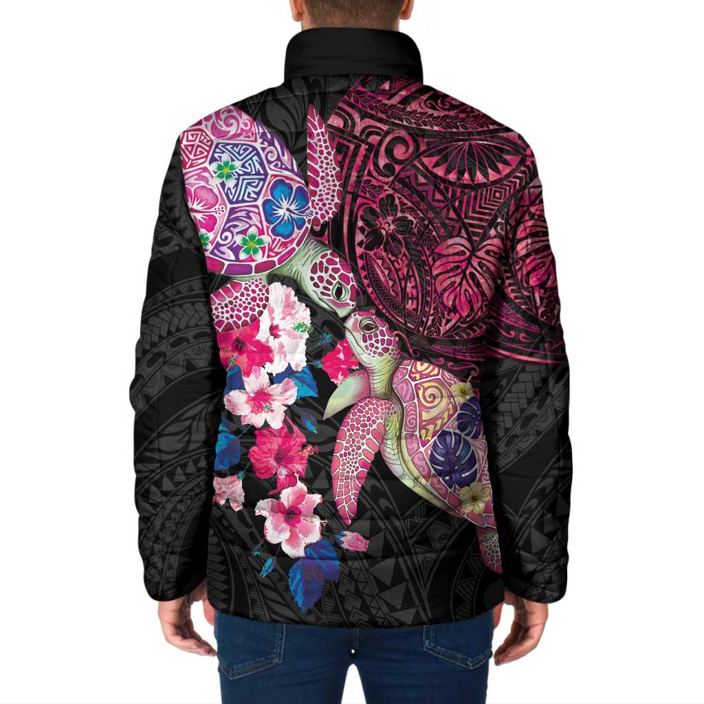 Hawaiian Couple Turtles Honi Padded Jacket Polynesian Art Motifs and Hibiscus Black Red Color LT03 - Polynesian Pride