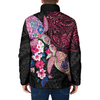 Hawaiian Couple Turtles Honi Padded Jacket Polynesian Art Motifs and Hibiscus Black Red Color LT03 - Polynesian Pride