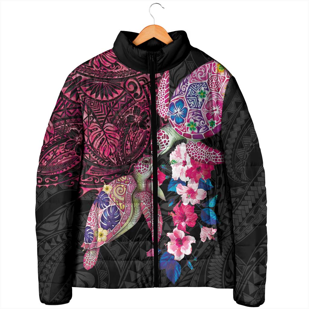 Hawaiian Couple Turtles Honi Padded Jacket Polynesian Art Motifs and Hibiscus Black Red Color LT03 - Polynesian Pride