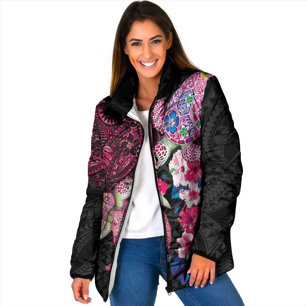 Hawaiian Couple Turtles Honi Padded Jacket Polynesian Art Motifs and Hibiscus Black Red Color LT03 Women Black - Polynesian Pride