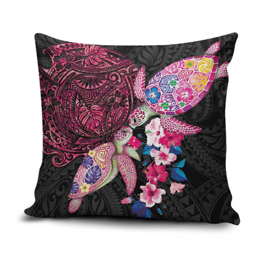 Hawaiian Couple Turtles Honi Pillow Cover Polynesian Art Motifs and Hibiscus Black Red Color LT03 Black - Polynesian Pride