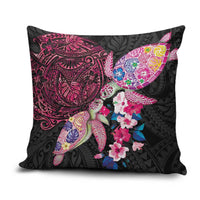 Hawaiian Couple Turtles Honi Pillow Cover Polynesian Art Motifs and Hibiscus Black Red Color LT03 Black - Polynesian Pride