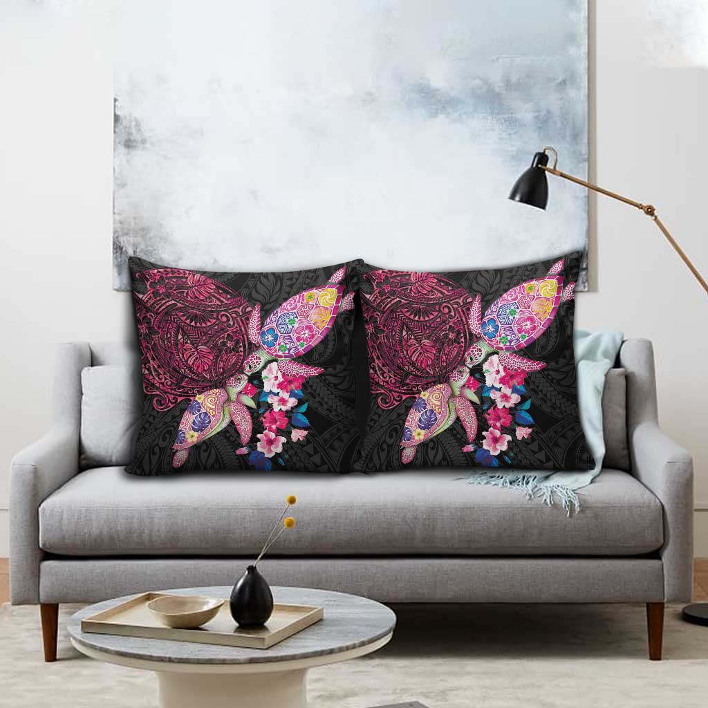 Hawaiian Couple Turtles Honi Pillow Cover Polynesian Art Motifs and Hibiscus Black Red Color LT03 - Polynesian Pride