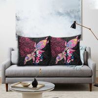 Hawaiian Couple Turtles Honi Pillow Cover Polynesian Art Motifs and Hibiscus Black Red Color LT03 - Polynesian Pride
