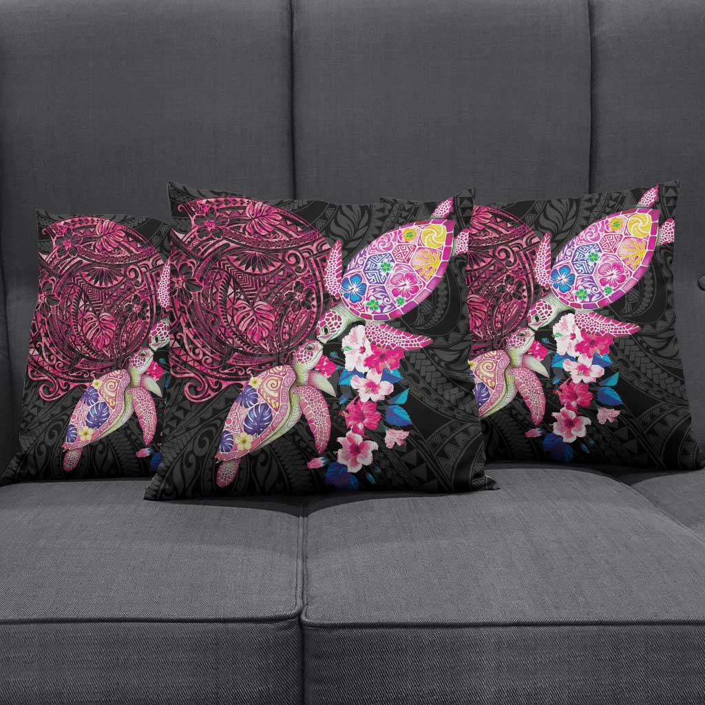 Hawaiian Couple Turtles Honi Pillow Cover Polynesian Art Motifs and Hibiscus Black Red Color LT03 - Polynesian Pride