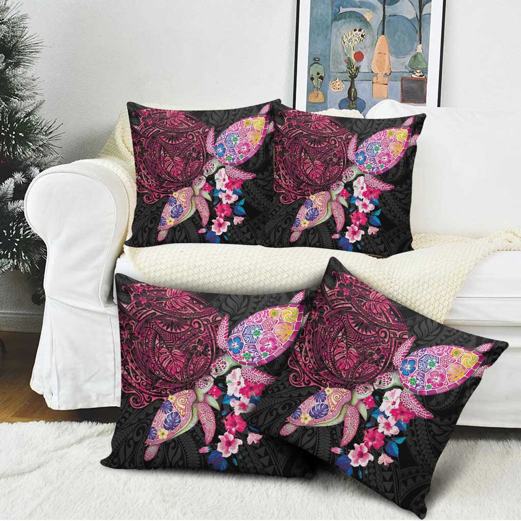 Hawaiian Couple Turtles Honi Pillow Cover Polynesian Art Motifs and Hibiscus Black Red Color LT03 - Polynesian Pride