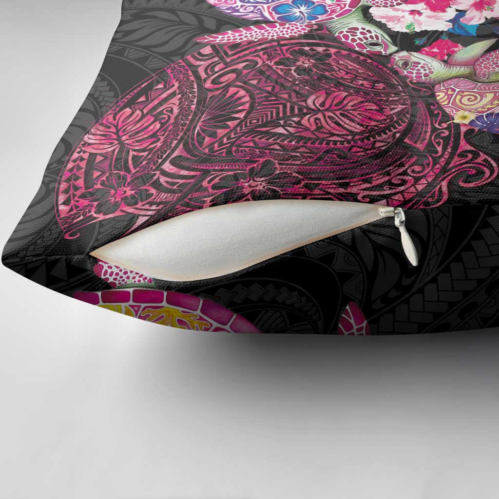 Hawaiian Couple Turtles Honi Pillow Cover Polynesian Art Motifs and Hibiscus Black Red Color LT03 - Polynesian Pride
